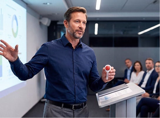 Man presenting to colleagues in a conference room during a team meeting
