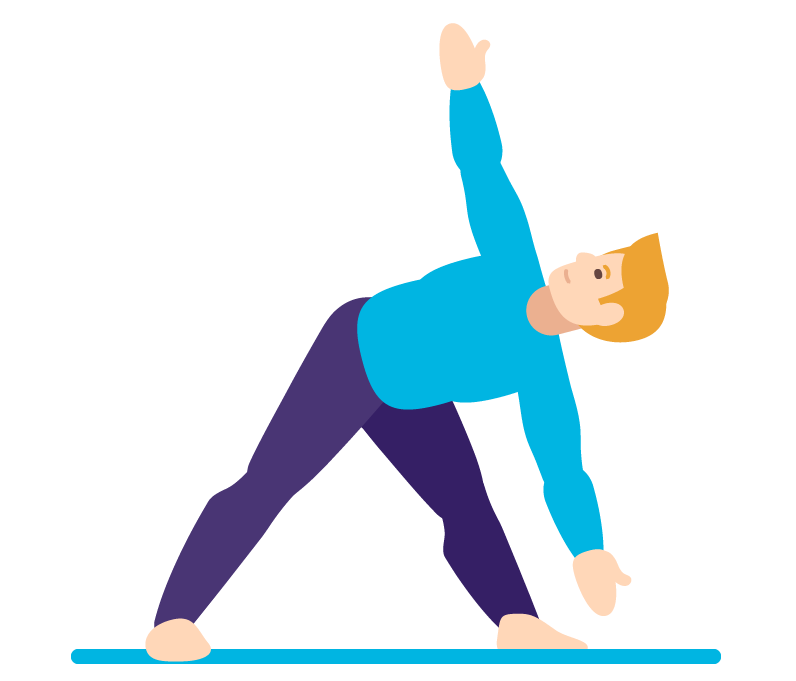 Illustration of a person performing triangle pose with legs in a wide stance, arms straight and one arm bent down to the same side foot.