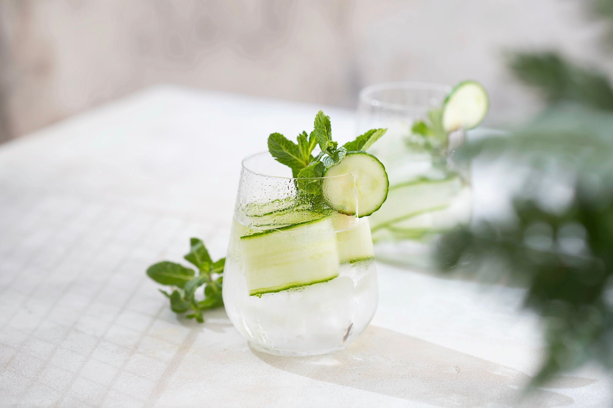 Glasses with water, mint leaves and slices of cucumber.