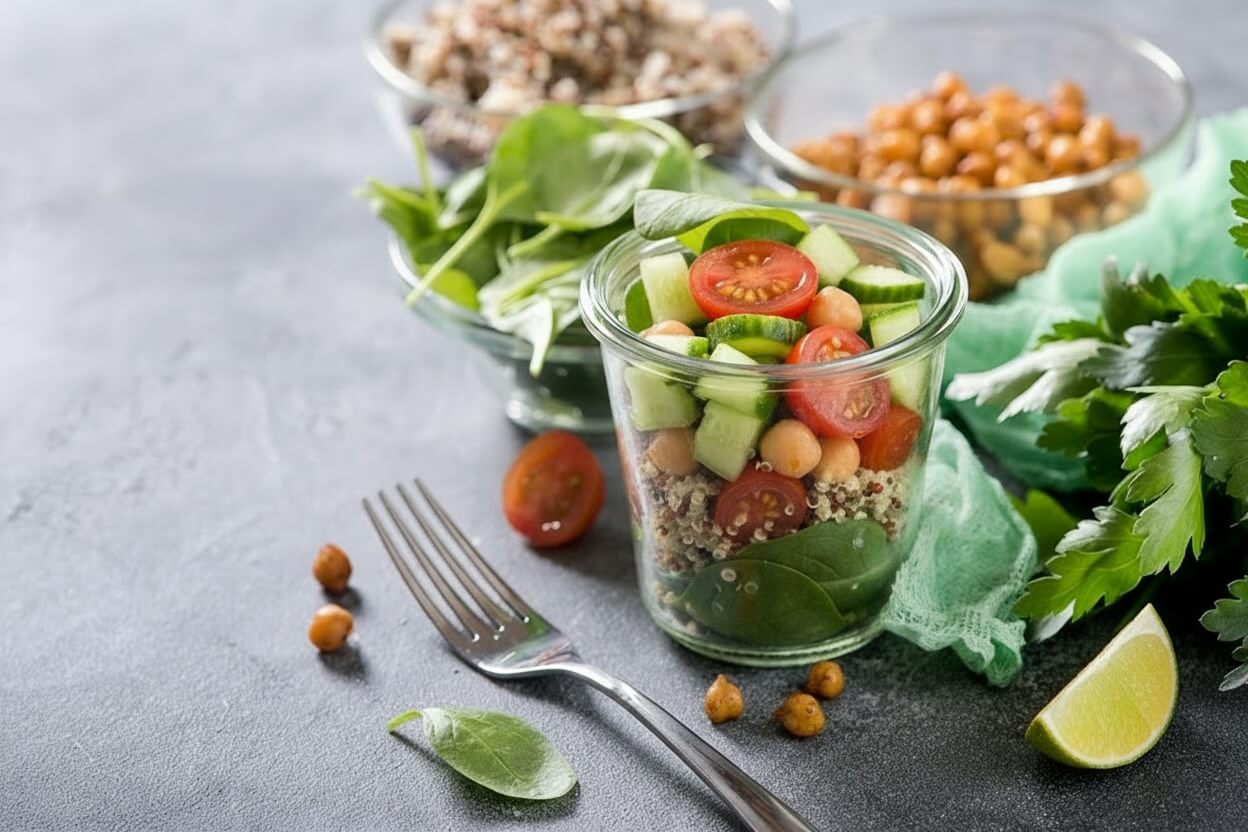 Glass jars with pre-prepared cucumber, tomato, chickpea salads.