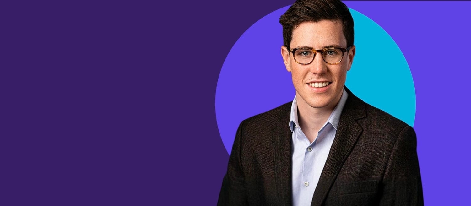 Alex Owens in a dark blazer and light blue shirt against a purple background with the Health Pulse logo.