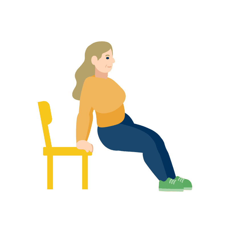 Una ilustración de una mujer realizando fondos de tríceps con las manos apoyadas en una silla amarilla y las piernas extendidas