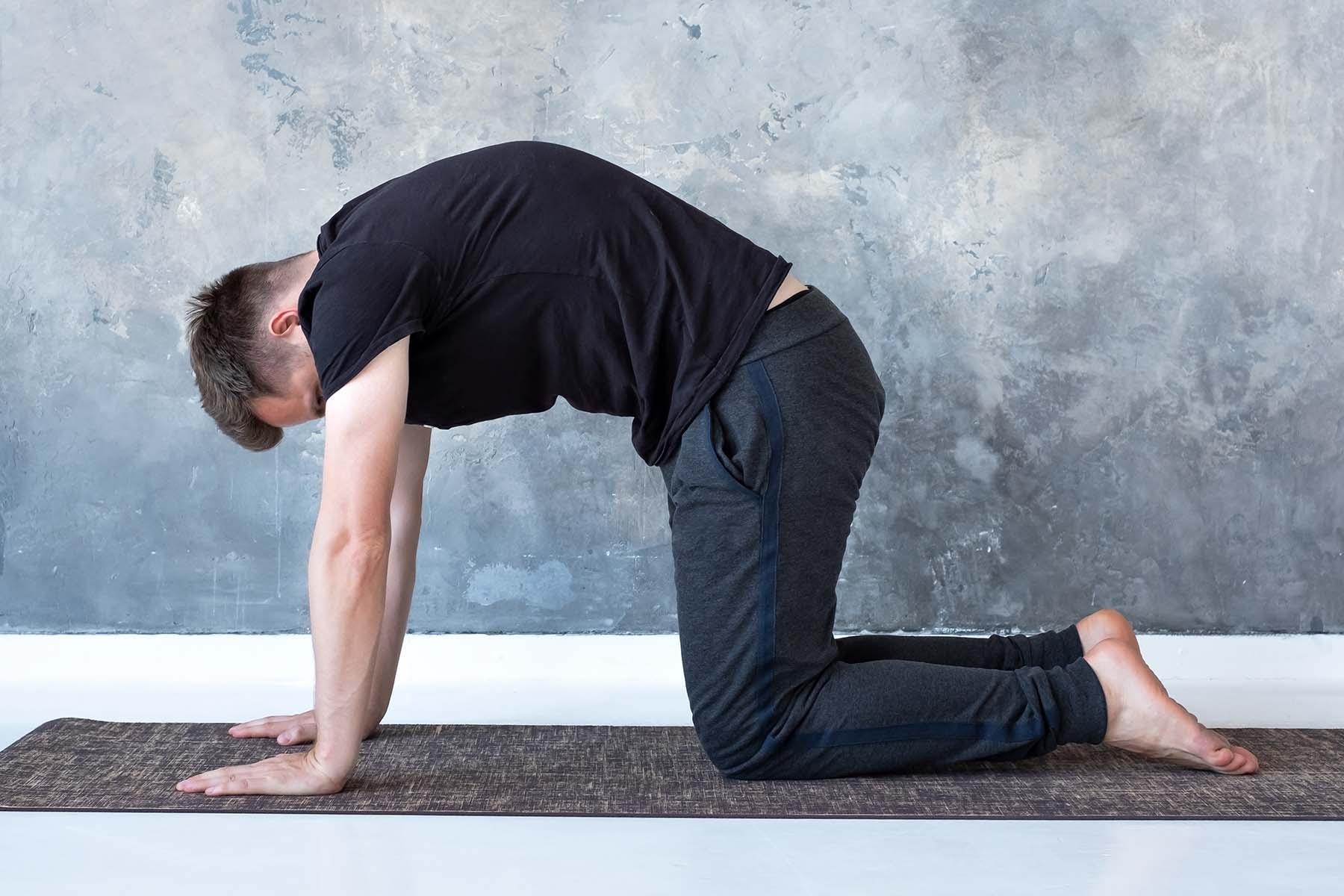  A person in a yoga pose, specifically the cat pose, with their back arched and hands on a yoga mat, set against a textured gray wall.