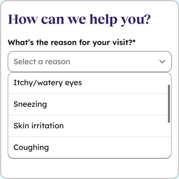 Illustration of symptom selection form for a virtual healthcare visit.