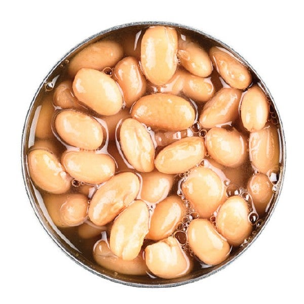 Opened can showing baked beans in a light brown sauce, viewed from above.