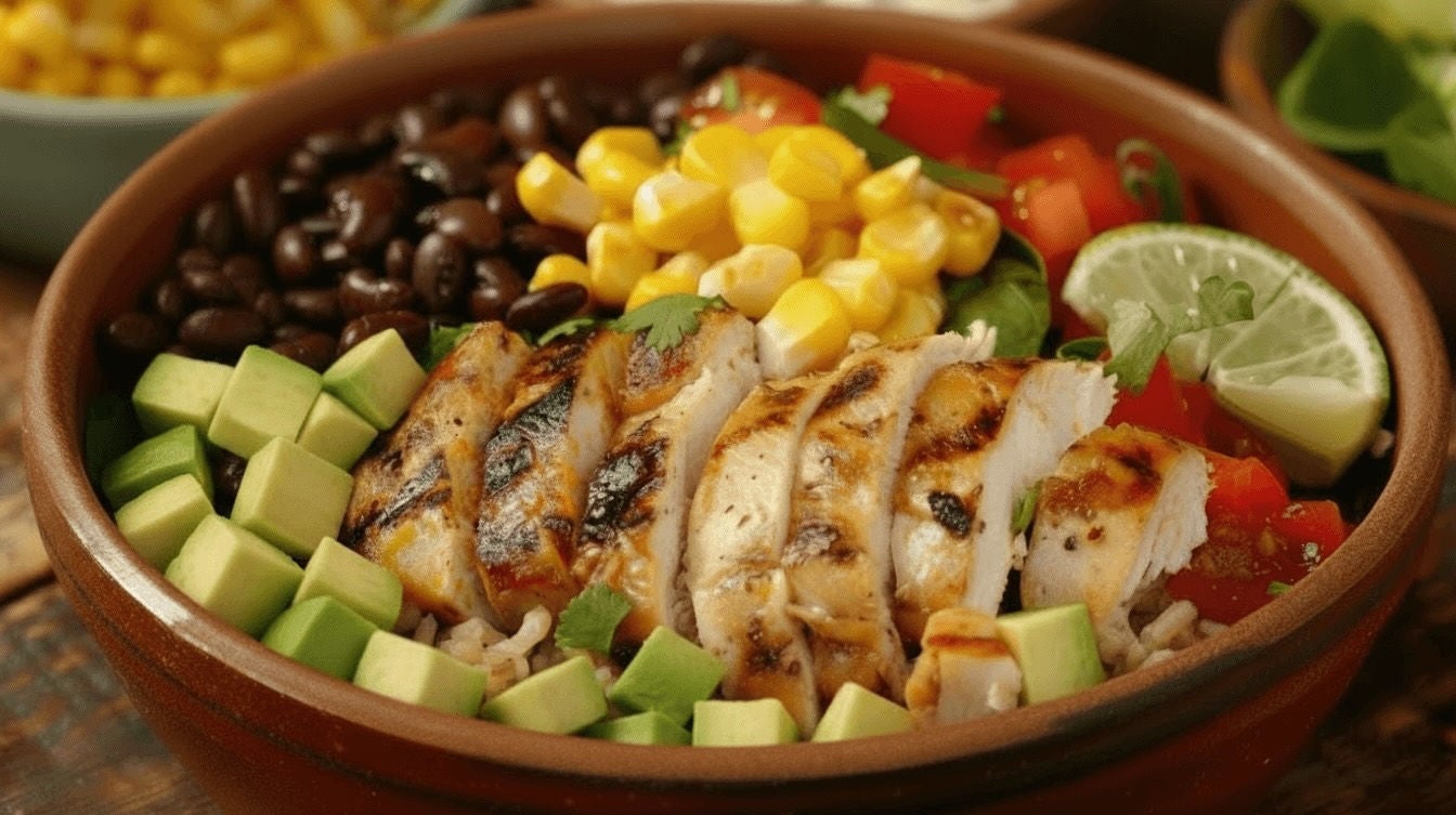 Taco bowl with rice, avocado, black beans, tomato, corn and chicken.