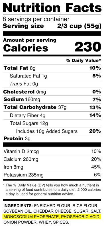 Nutrition facts label showing calories, total fat, cholesterol, sodium, total carbohydrates, and protein per serving. Contains enriched flour and other ingredients.