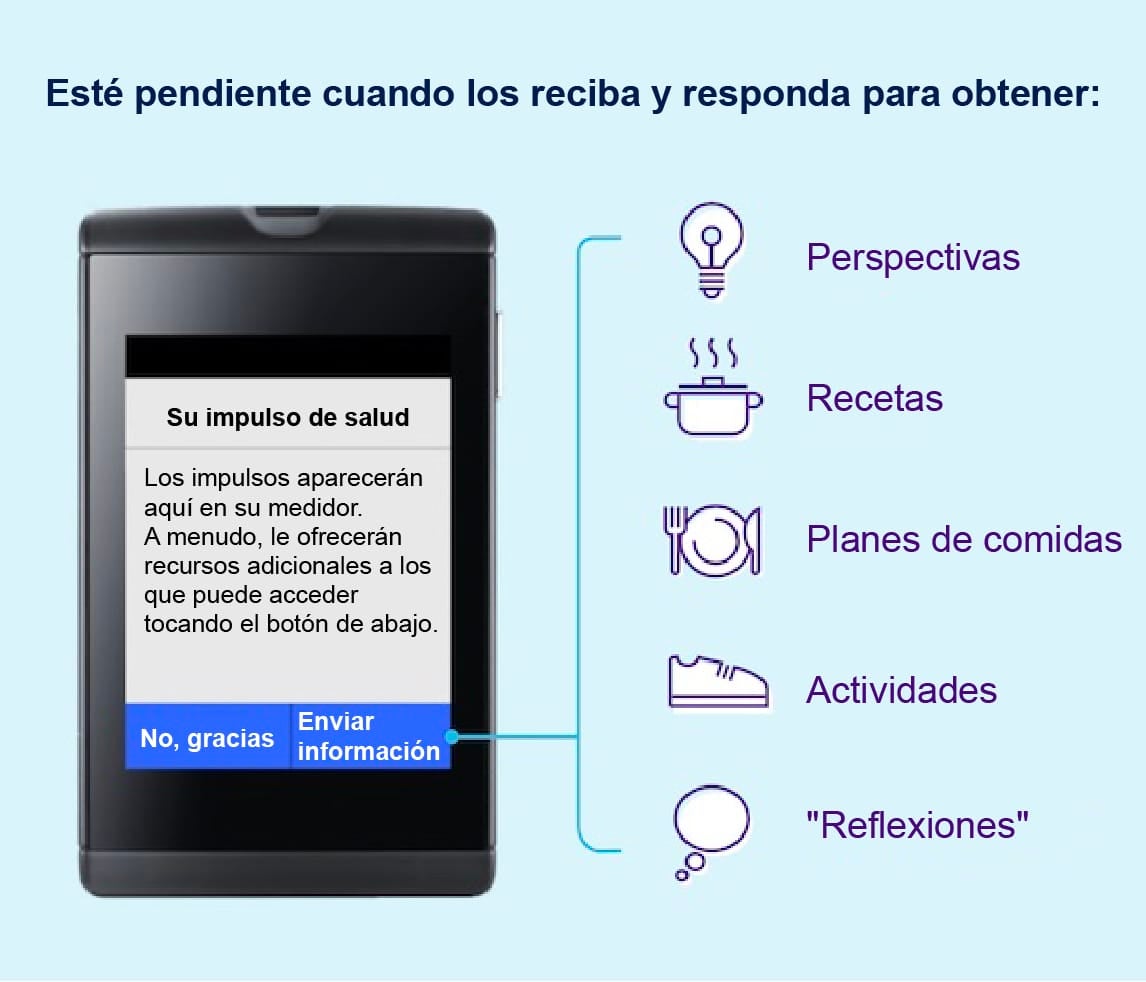 Illustration of a mobile device displaying a message in Spanish about health prompts, with icons and text on the right listing benefits such as insights, recipes, meal plans, activities, and reflections.