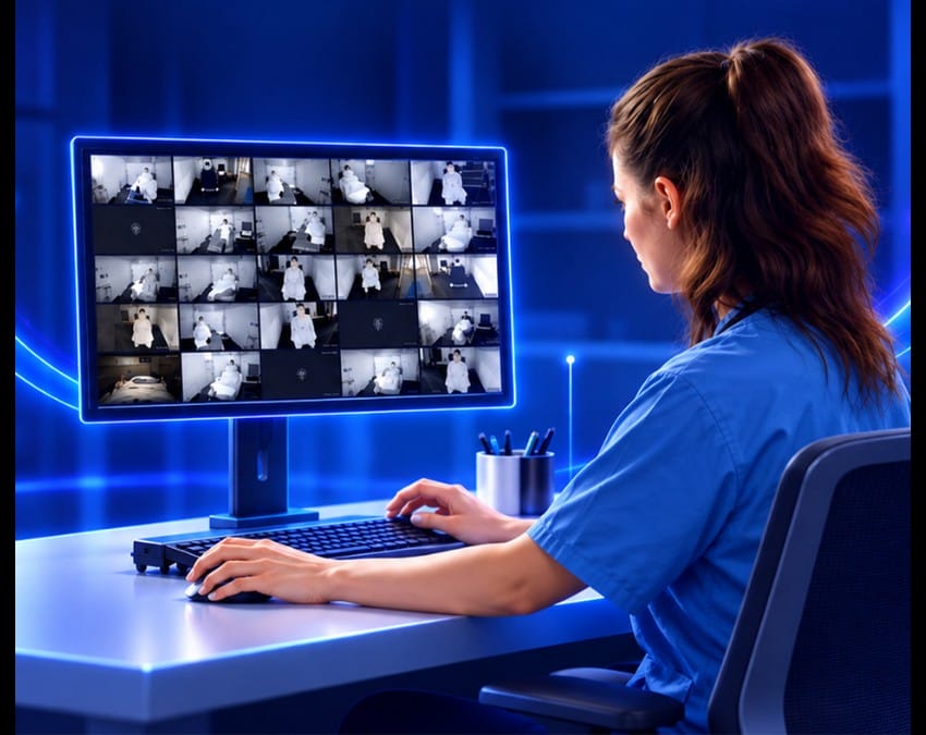 Nurse sitting at a desk watching multiple video displays on a monitor.