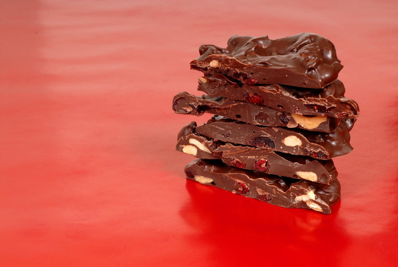 Chocolate bark with dried cherries and almonds.