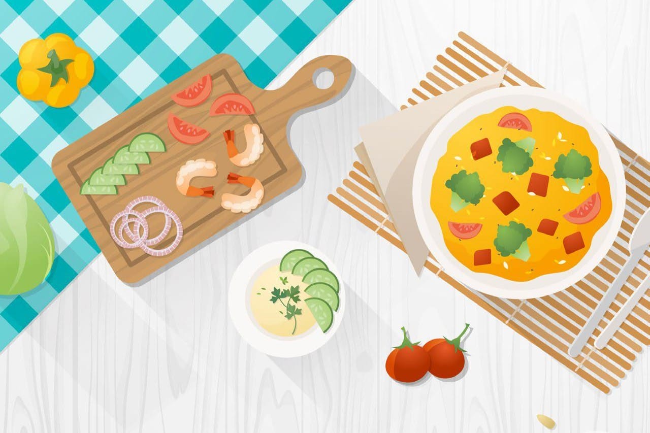 An illustrated top-down view of a colorful meal with fresh ingredients