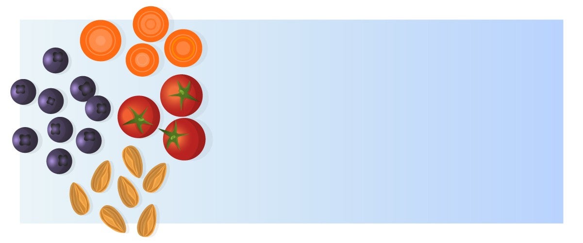 Illustration of blueberries, sliced carrots, red tomatoes, and brown almonds on a light blue background.