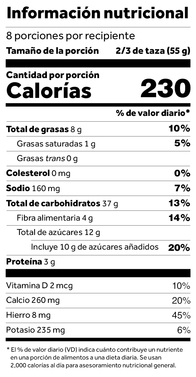   Etiqueta de información nutricional que muestra 230 calorías por porción de 2/3 de taza (55g), con detalles sobre grasas, carbohidratos, proteínas, vitaminas y minerales