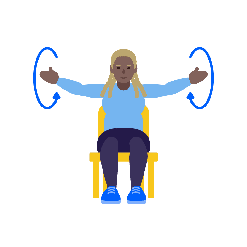 Una ilustración de una mujer sentada en una silla, con los brazos extendidos haciendo movimientos circulares hacia afuera.