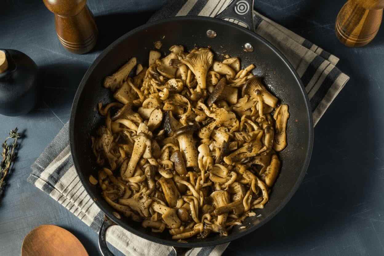 Wok on a set table with sautéed and seasoned oyster mushrooms.