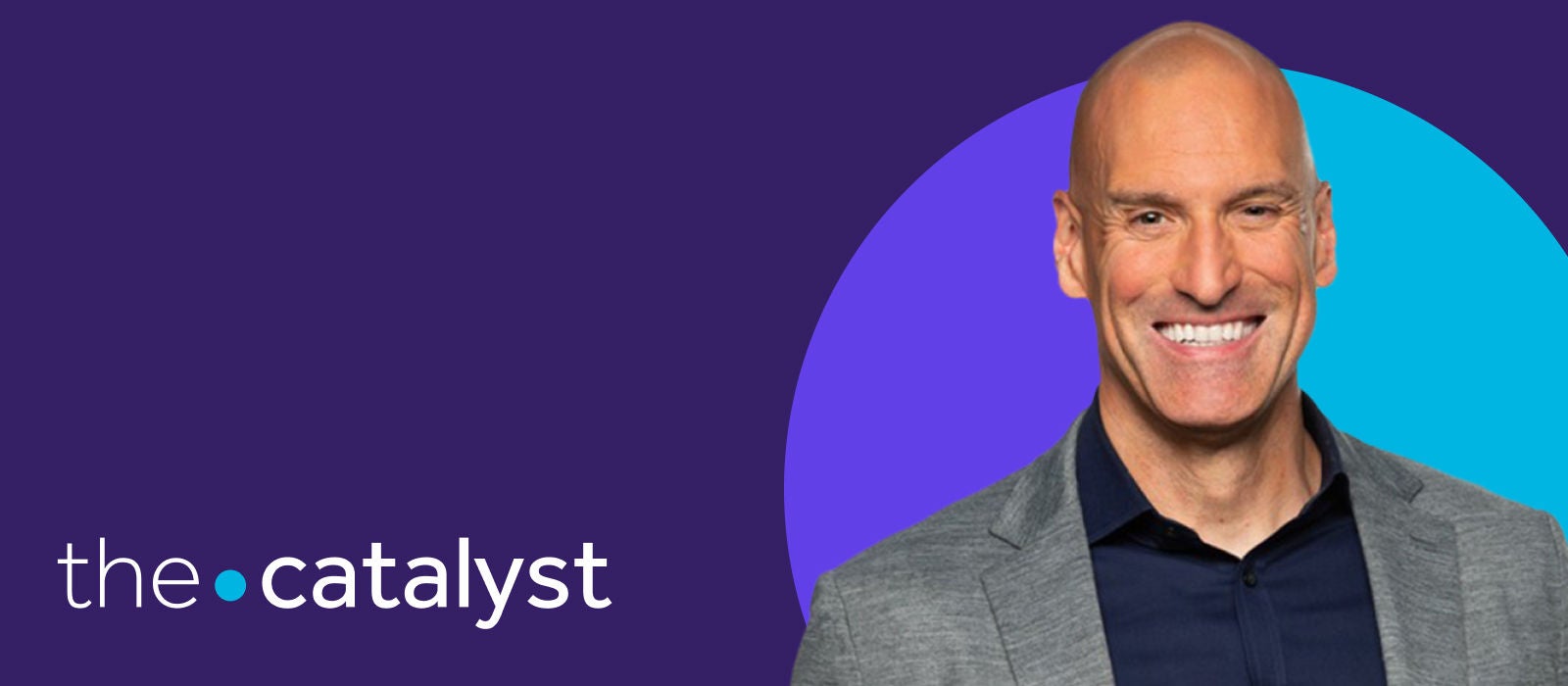 Brian Serfass' portrait with a plum and aqua background and the words "the catalyst"