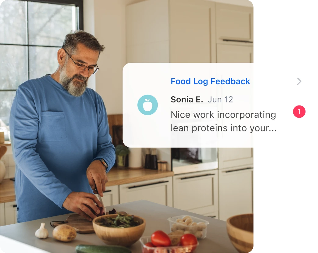 Graphic showing an elderly man in a blue shirt cutting up food, with an overlay of the Teladoc Health app's Food Log feedback message.