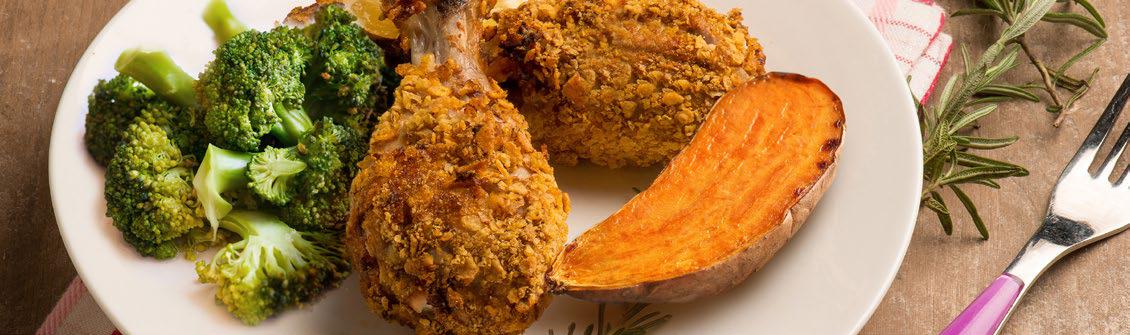 crispy oven-fried drumsticks with baked sweet potato & broccoli