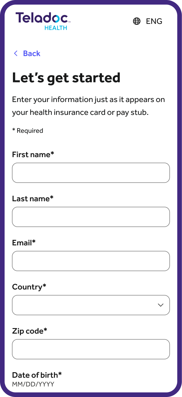 Mobile registration screen on the Teladoc Health app