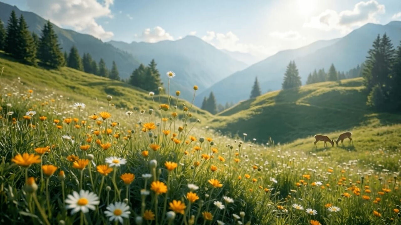 View of a clearing on a hill in a forest with deer grazing in the background and wildflowers in the foreground.