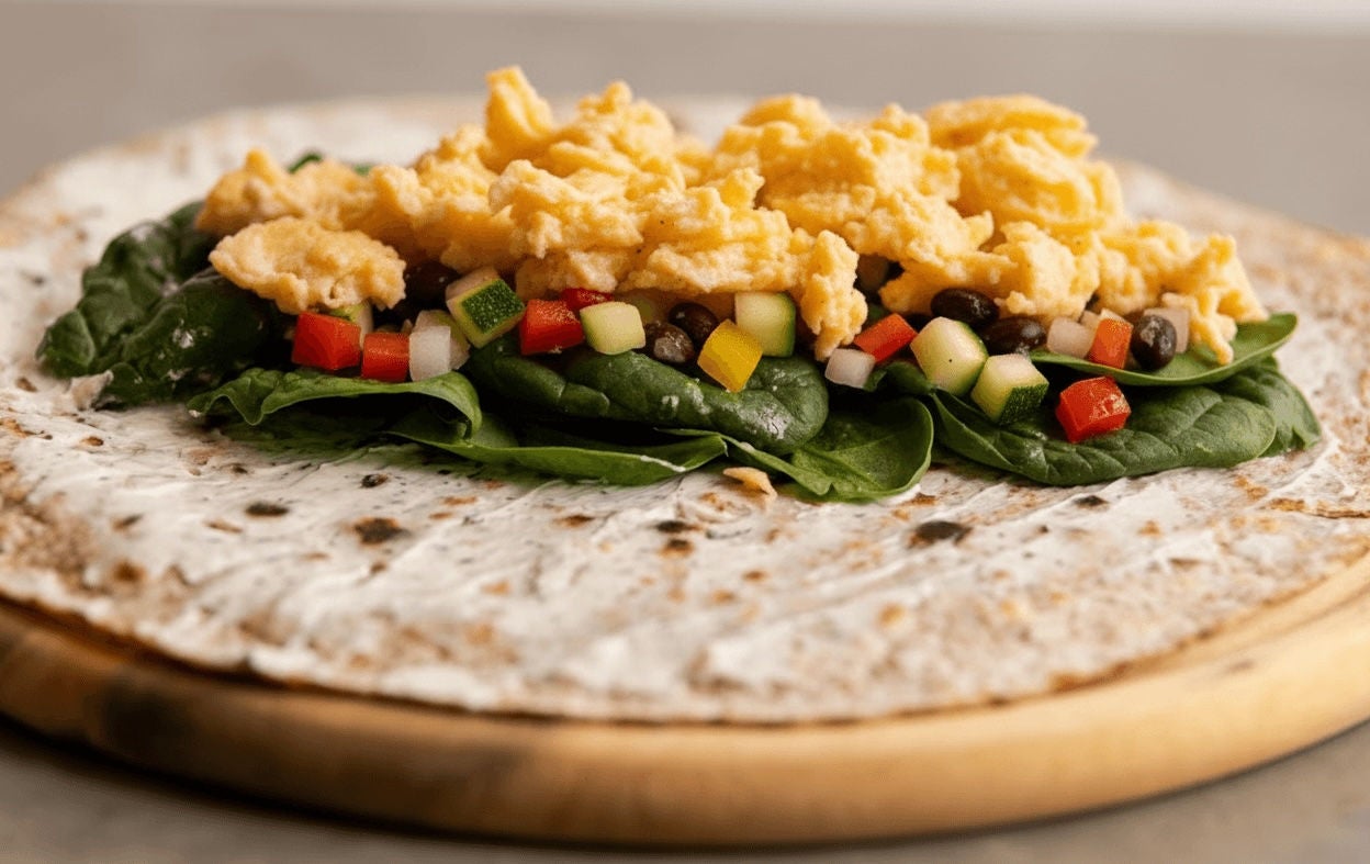 Whole wheat tortilla topped with spinach, vegetable mixture and scrambled eggs.