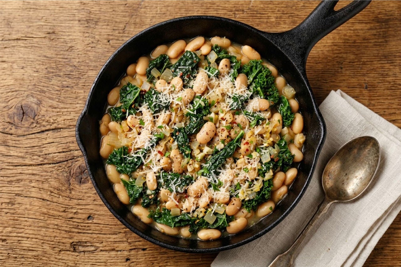 Bowl of white beans, kale and broth on a set table.