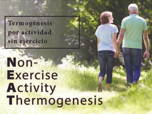 Pareja mayor caminando de la mano por un sendero rodeado de césped y árboles, con el texto “NEAT: Non-Exercise Activity Thermogenesis” a la izquierda