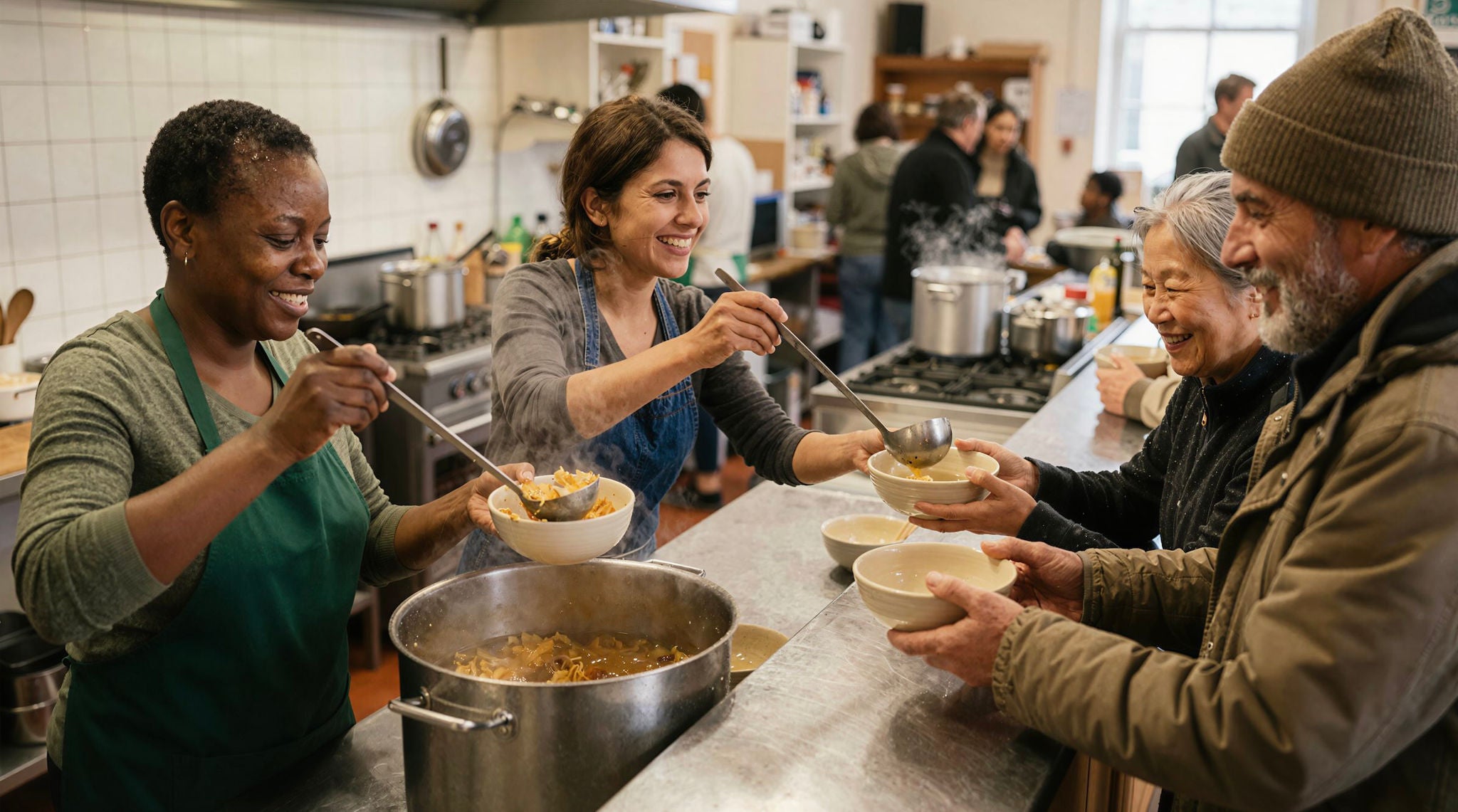 Two women smiling as they serve soup at a soup kitchen.