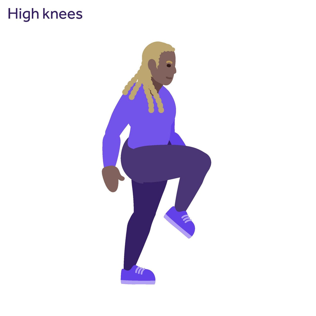 Illustration of a woman performing high knees with arms at side.