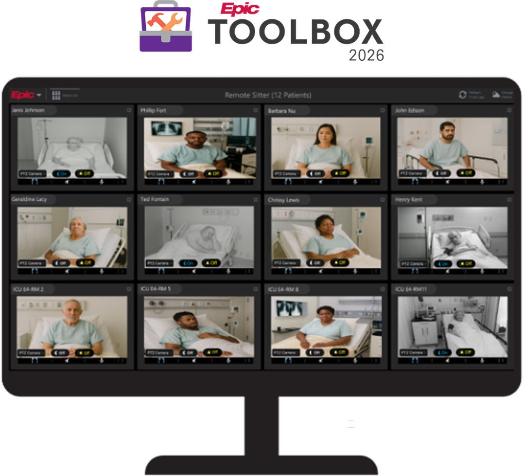Epic Toolbox 2026 platform showing a grid of remote patient video consultations on a monitor.