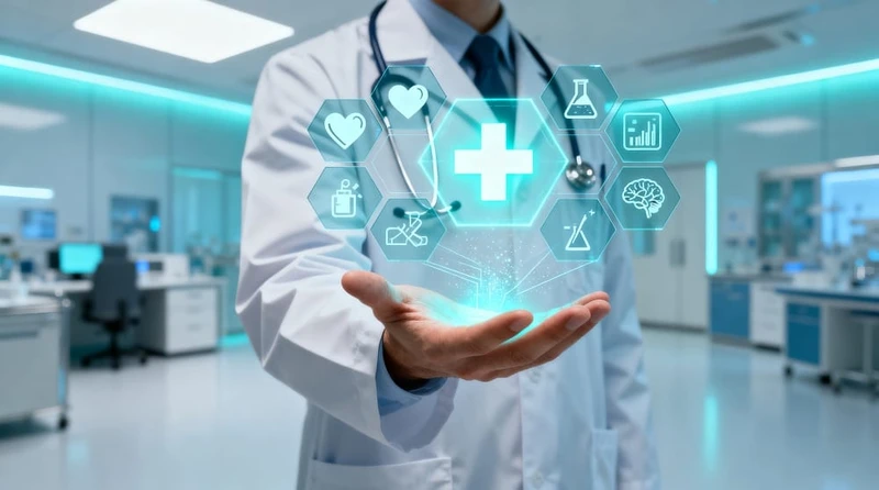 Doctor in a white coat holding a hand beneath a glowing digital healthcare interface with medical icons, including a heart, brain, laboratory flask, and medical cross.