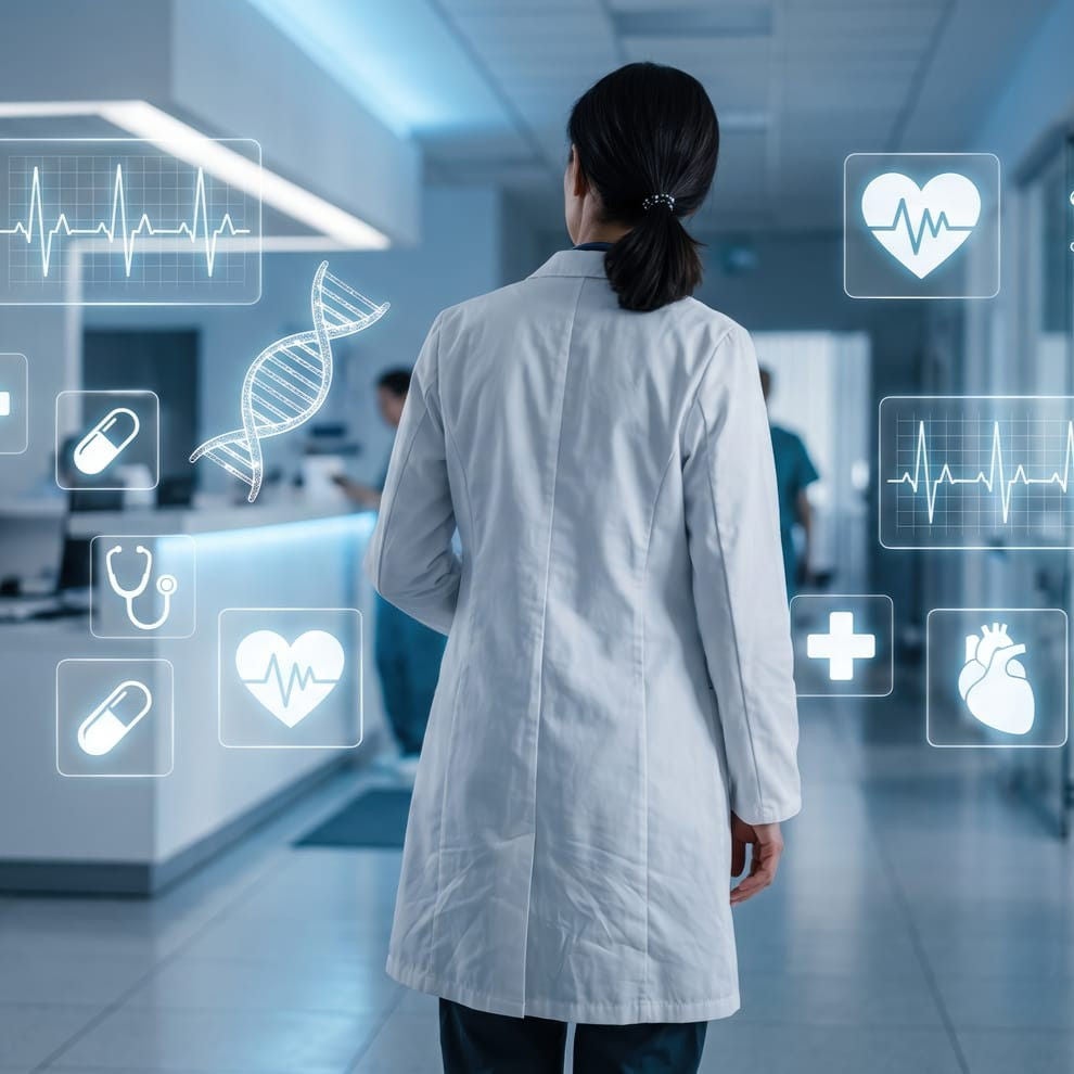 A doctor in a white coat walks through a hospital hallway, surrounded by digital health icons including heart monitors, DNA, a stethoscope, pills, and a medical cross.