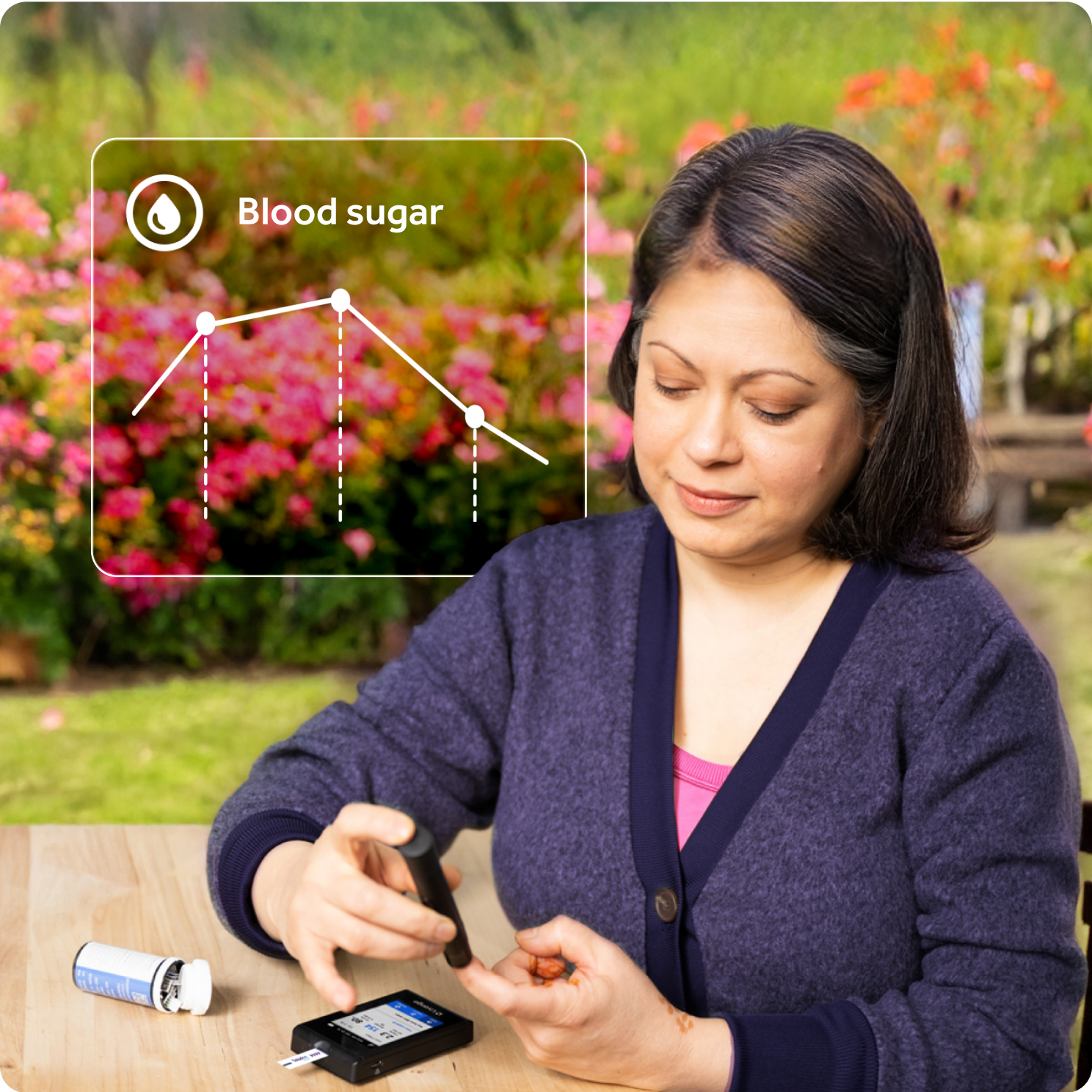 Woman using Teladoc Health blood glucose meter with app UI pop-up showing a chart of her reading.