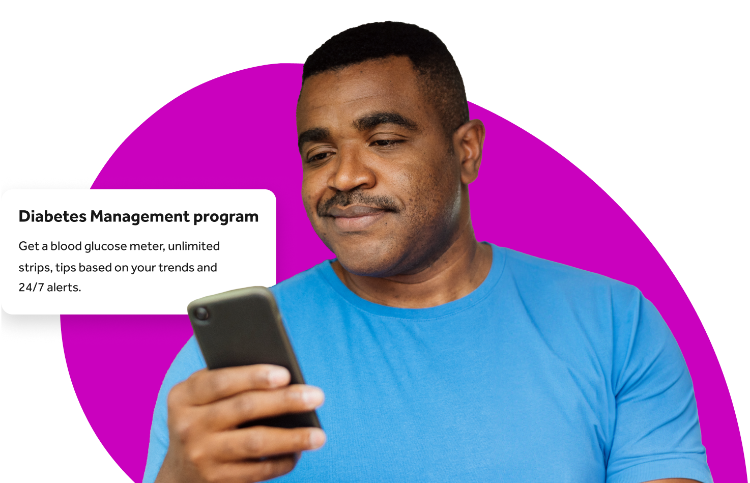 Cutout image of man smiling at his phone with an app UI pop up reading "Diabetes Management program. Get a blood glucose meter, unlimited strips, tips based on your trends, and 24/7 alerts."