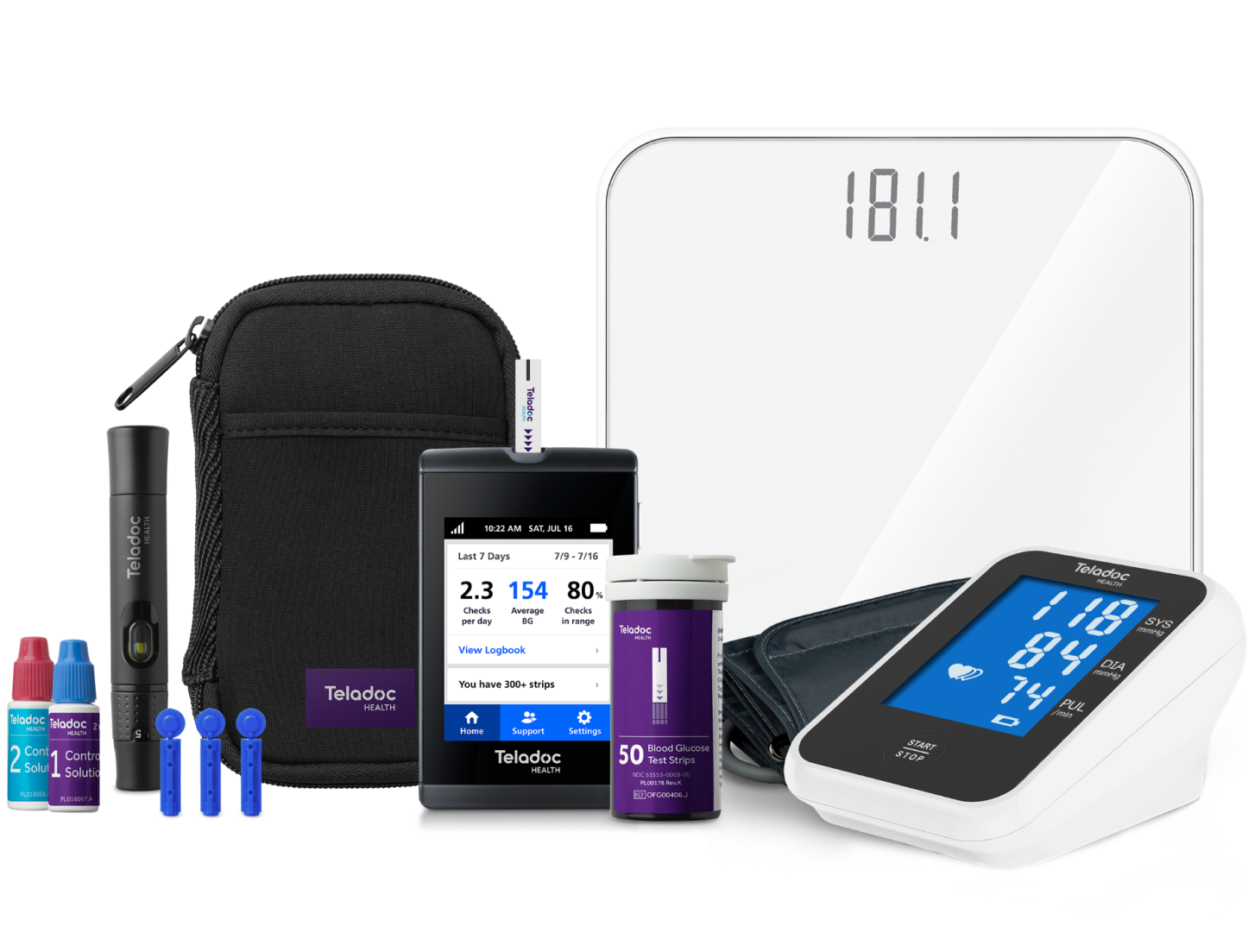 Group of Teladoc Health diabetes devices, including a smart blood glucose meter, test strips, lancet, carry case and solutions.