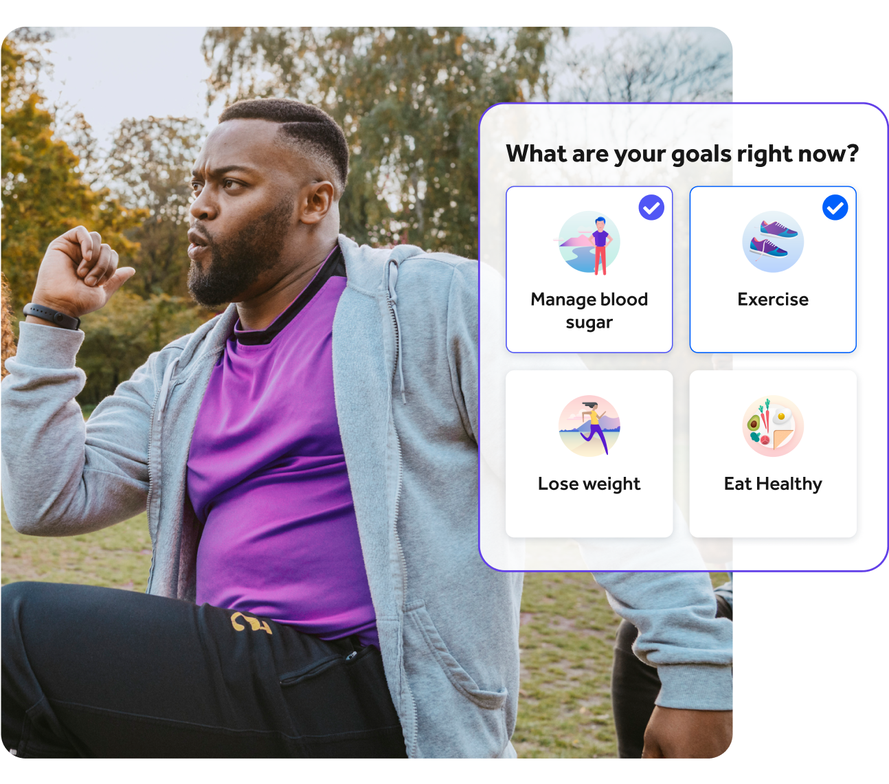  Image of man working out with app UI selecting goals. The options are Manage blood sugar, exercise, lose weight and eat healthy.