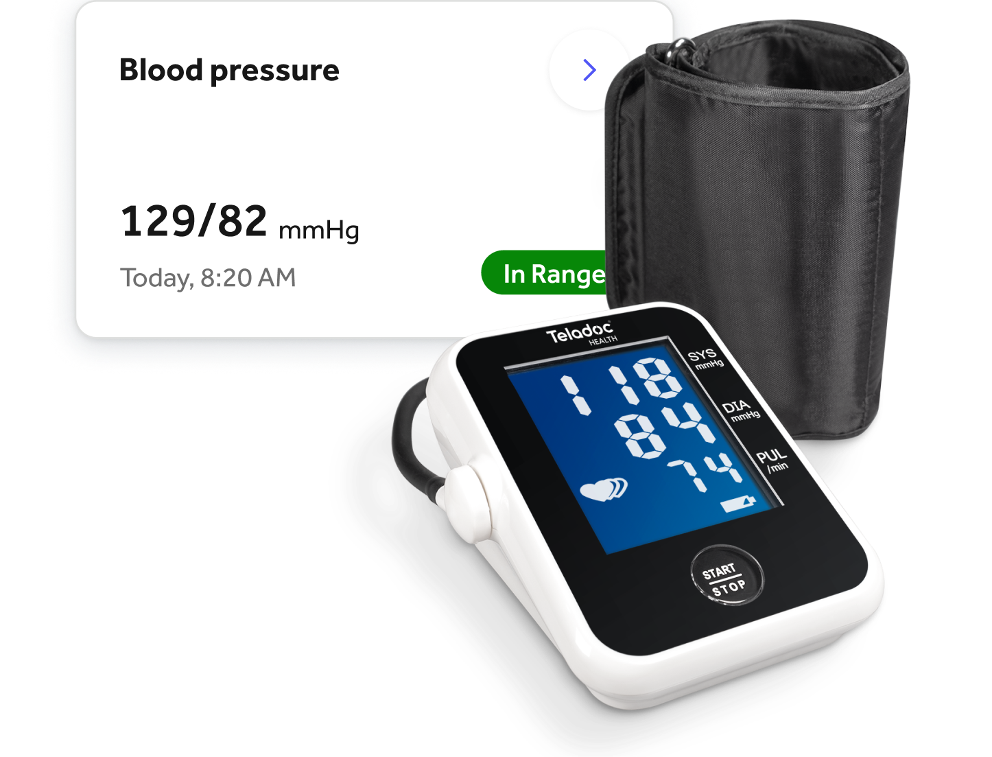 Teladoc Health blood pressure monitor and cuff with app program app ui