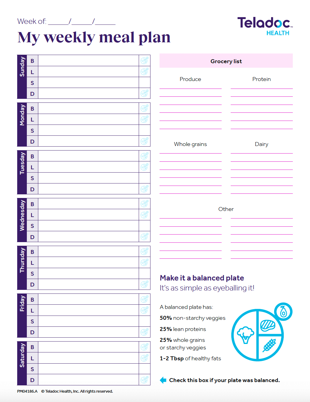 Weekly meal planner with sections for daily meals and a categorized grocery list.