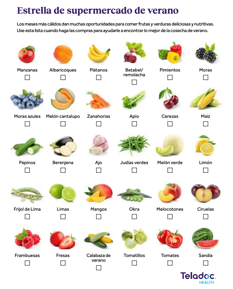 Checklist of various summer fruits and vegetables with corresponding images, including apples, lettuce, cherries, and more, under Spanish headings.