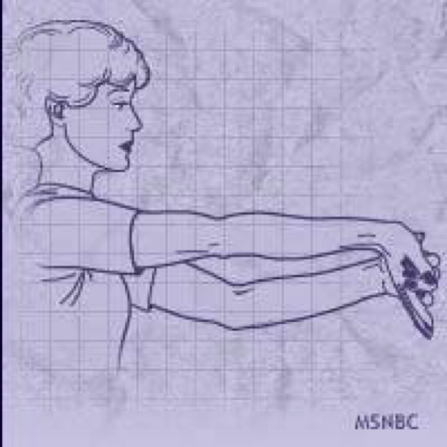 A stylized illustration of a person extending their arm forward, with a neutral expression. The image is in purple tones and features a grid background.