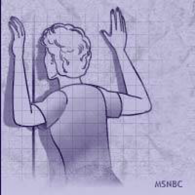  A stylized illustration of a person standing with their back against a wall, arms raised. The image has a purple hue and a grid background.