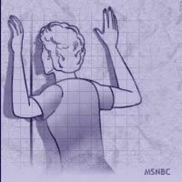  A stylized illustration of a person standing with their back against a wall, arms raised. The image has a purple hue and a grid background.