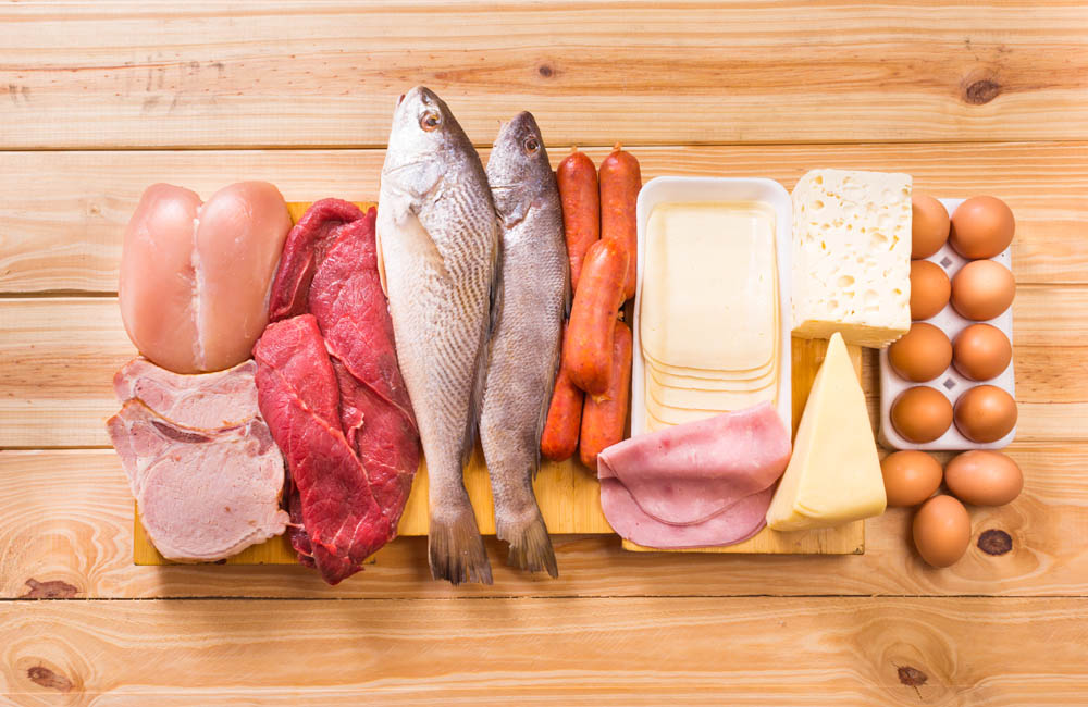 Image of different proteins including fish, meats, cheeses and eggs