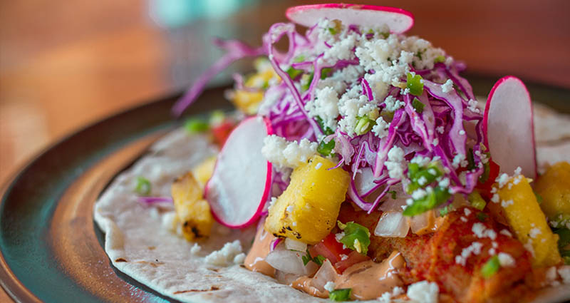 A plated fish taco topped with pineapple, cabbage, radishes and grated cheese.