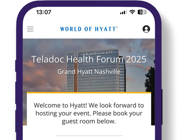 Phone screen showing booking info for Teladoc Health Forum 2025