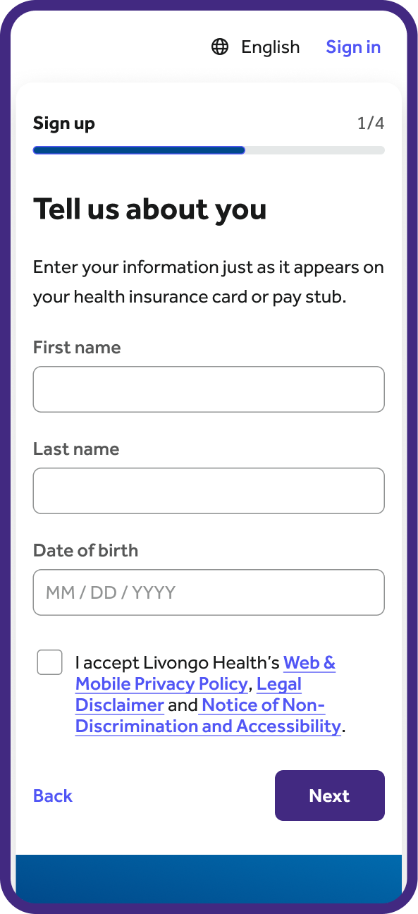 Mobile registration screen on the Teladoc Health app