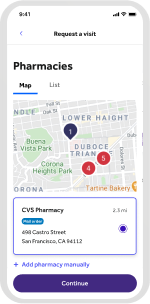 Screen showing a map with pharmacy locations