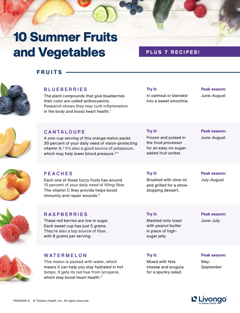 Table with different types of fruits including descriptions of the fruit, preparation suggestions and peak seasons.