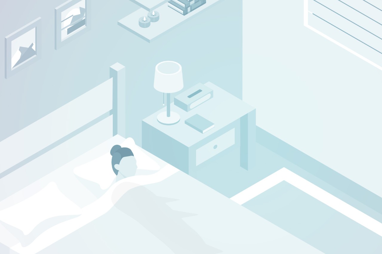  An illustration of a bedroom scene with a person lying in bed