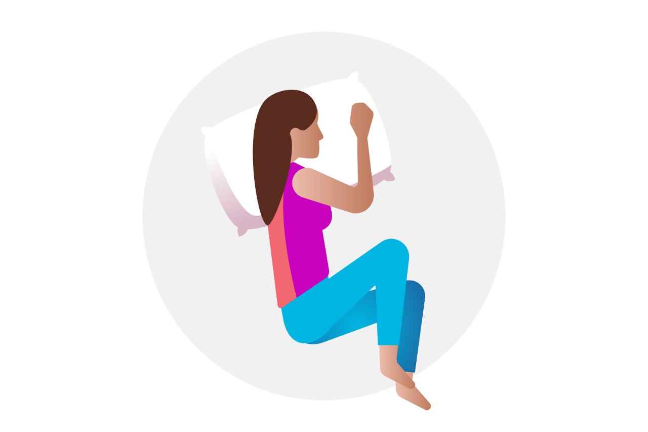 An illustration of a woman sitting on a bed, hugging a pillow.